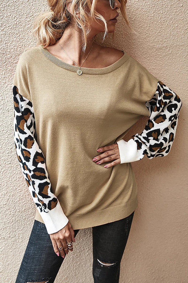 Leopard Acrylic Crew Neck Long Sleeve Sweater(4 Colors)