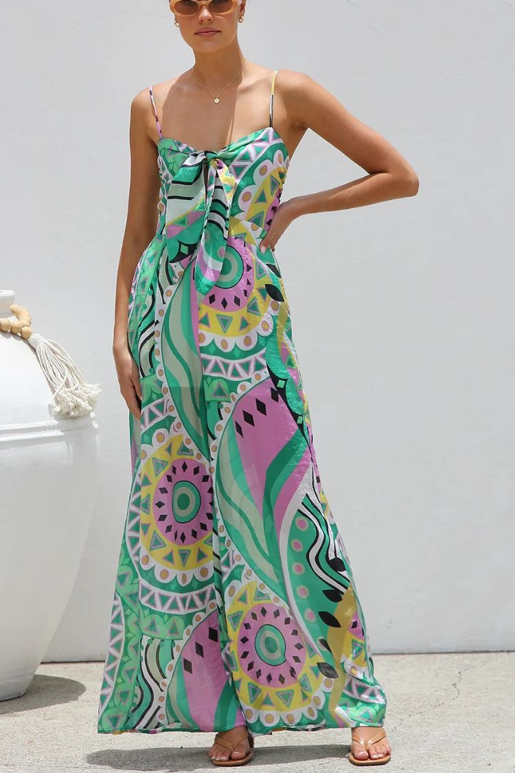 Unique Printed Suspender Back Pleated Pocket Wide-leg Jumpsuit - Fashionpara