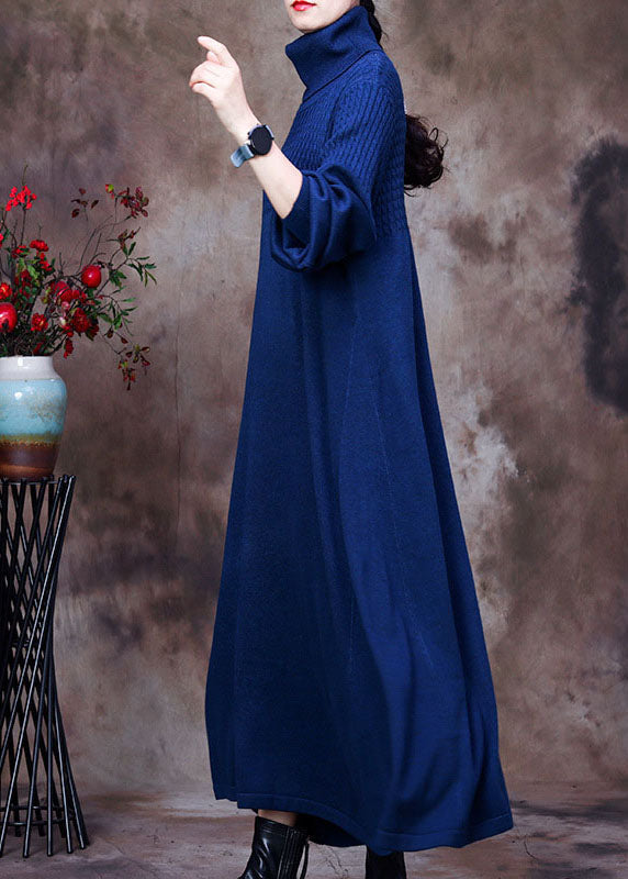 Knit Turtleneck Long Sleeve Ribbed Panel Oversized A-Line Maxi Dress - View 3