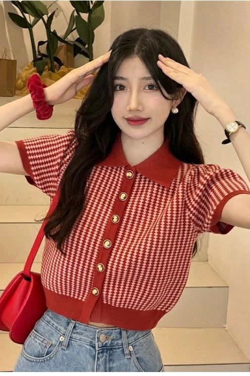 Thin Knit Turn-down Collar Short Sleeve Cardigan 6