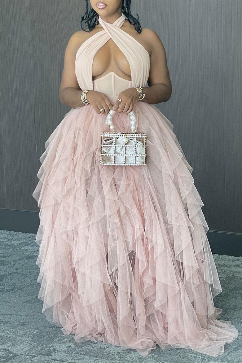 Plus Size Dresses Pink Backless Sleeveless See-through Maxi Dress Fashionpara