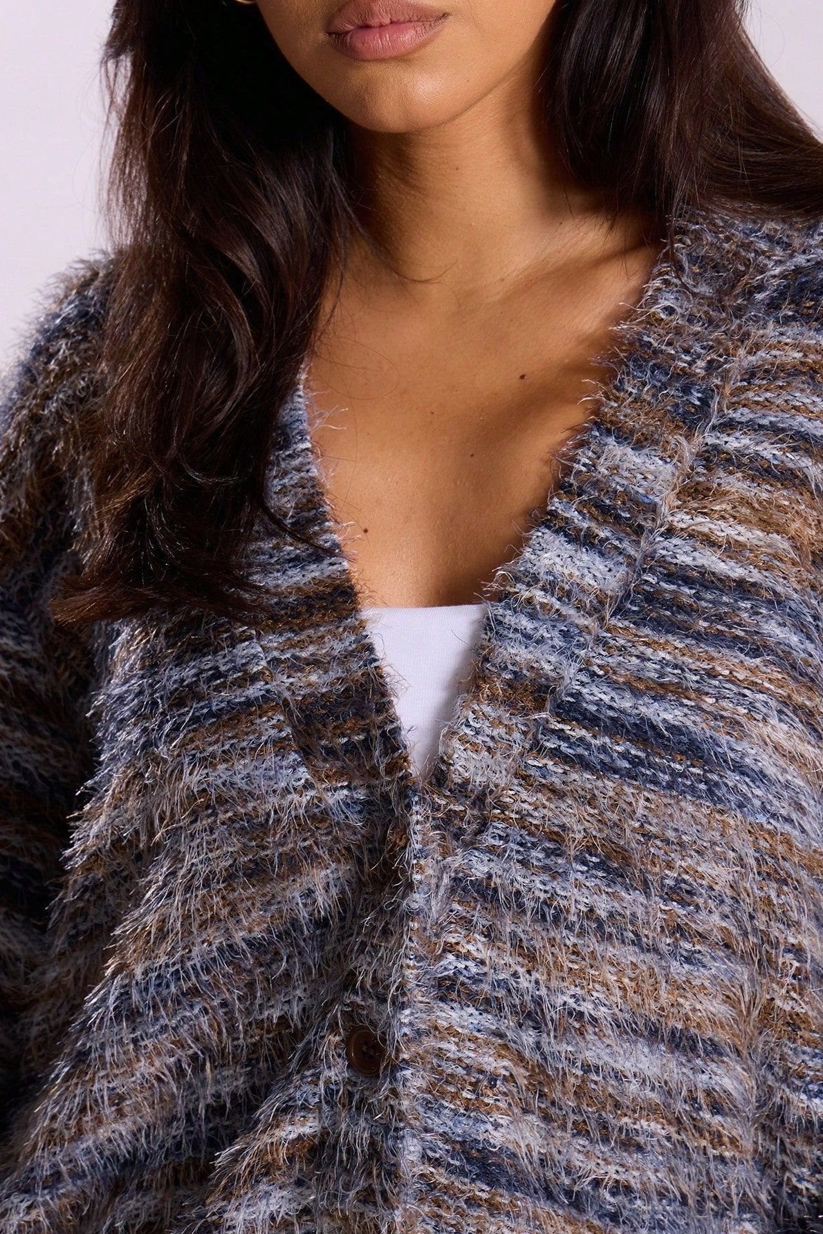 Deep V-Neck Plush Knit Cardigan for Retro Fashion Lovers