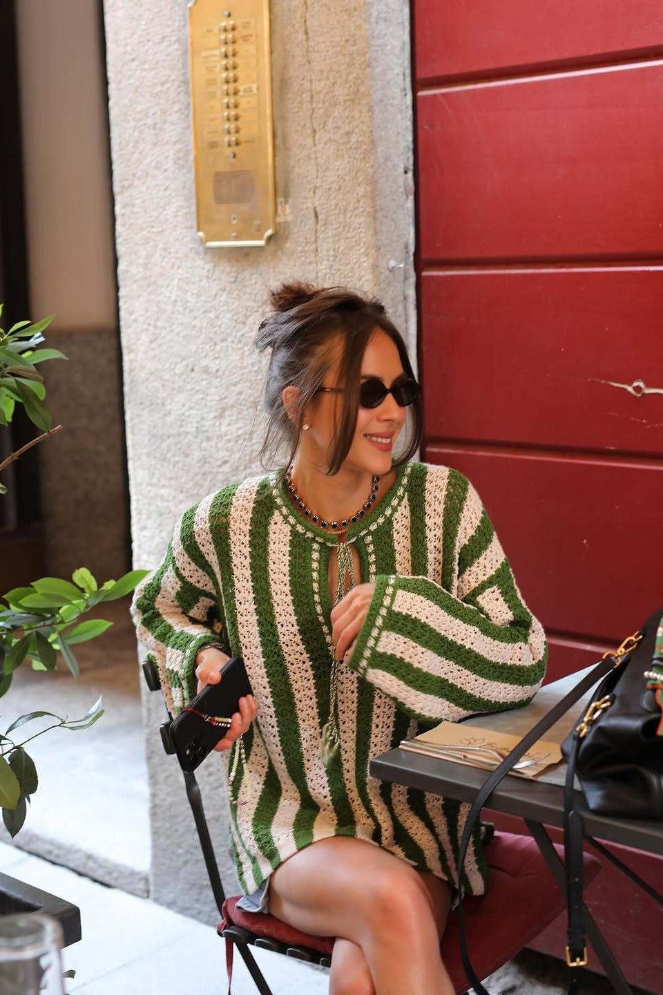 PrincessAce Green and White Striped Waist Tie Knit Sweater