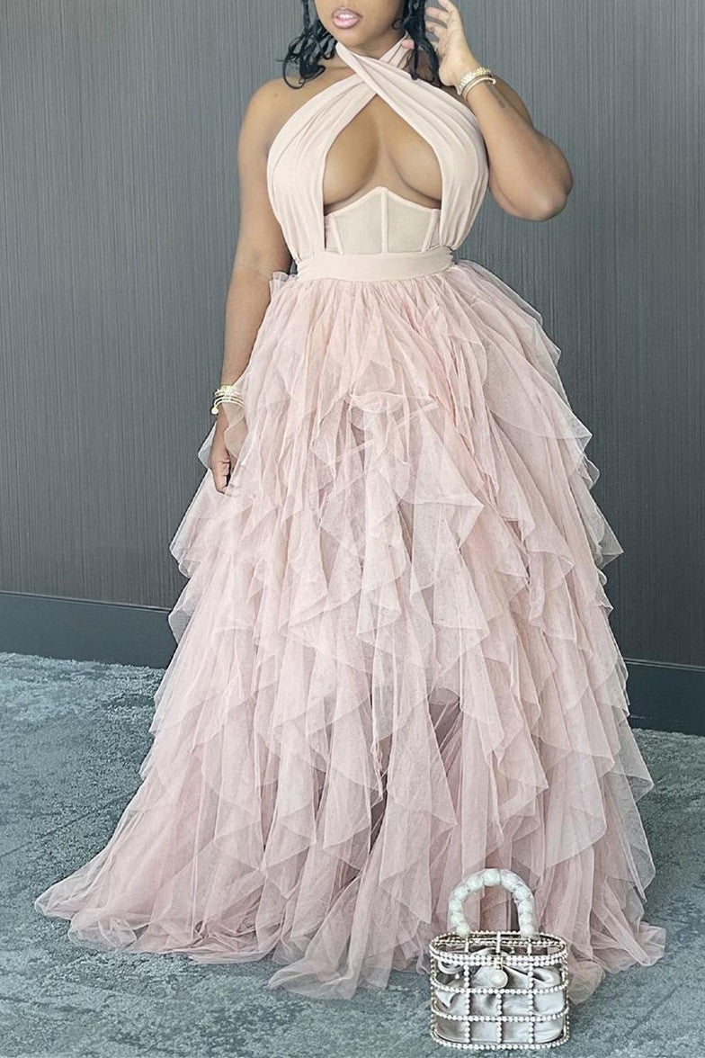 Plus Size Dresses Pink Backless Sleeveless See-through Maxi Dress Fashionpara