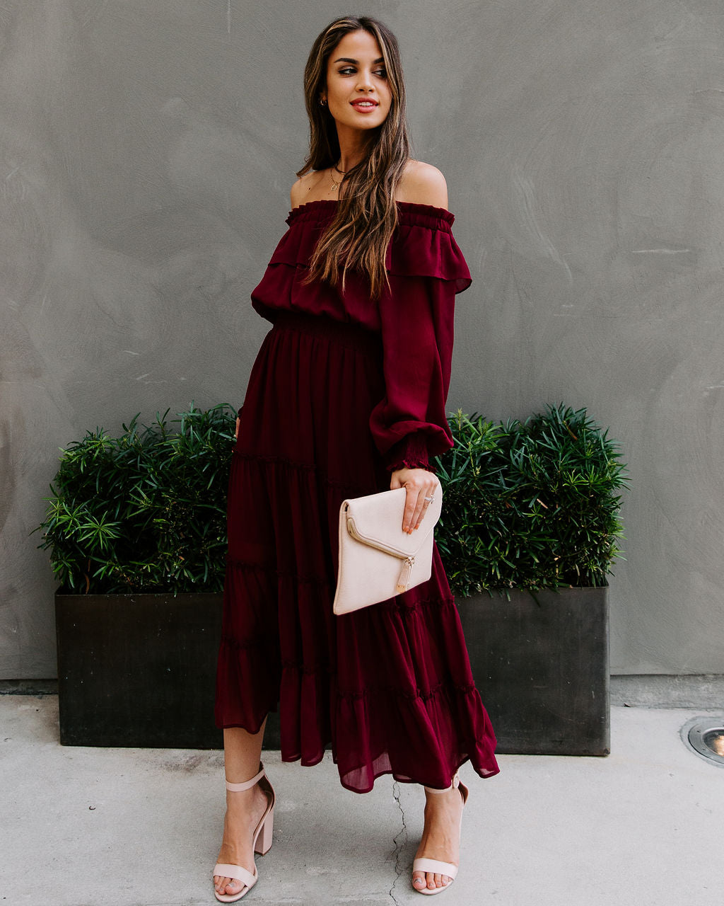 Off Shoulder Long Sleeve Ruffle Tiered Midi Dress