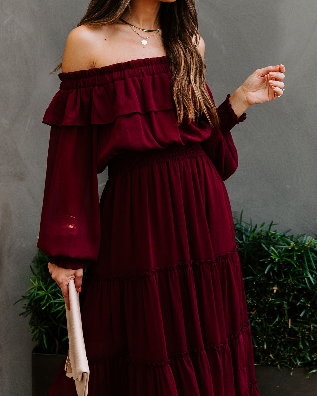 Off Shoulder Long Sleeve Ruffle Tiered Midi Dress