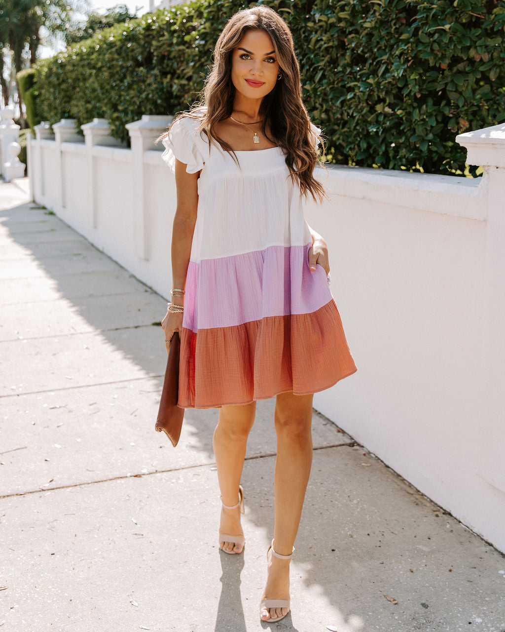 Square Neck Flutter Sleeve Tiered Babydoll Mini Dress