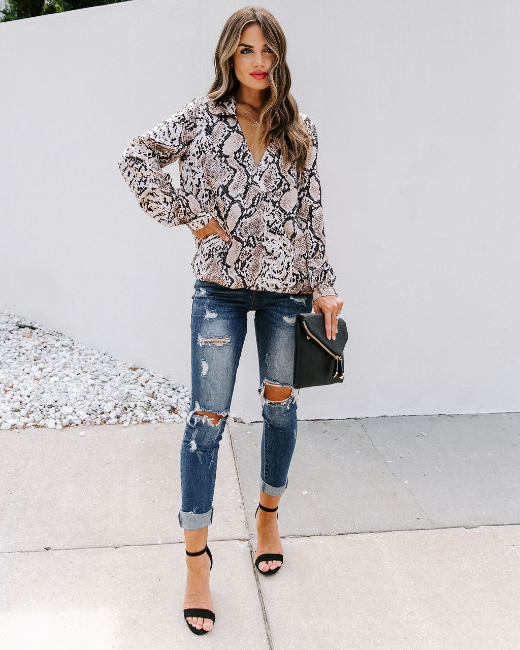 Solomon Collared Snake Print Surplice Blouse - Fashionpara