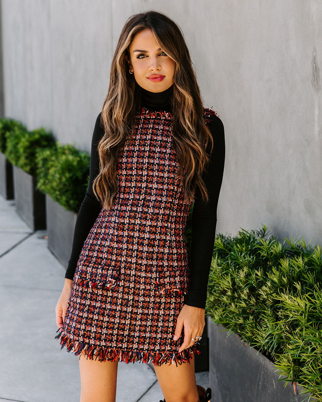 Tweed Pinafore Fringe Hem Mini Dress