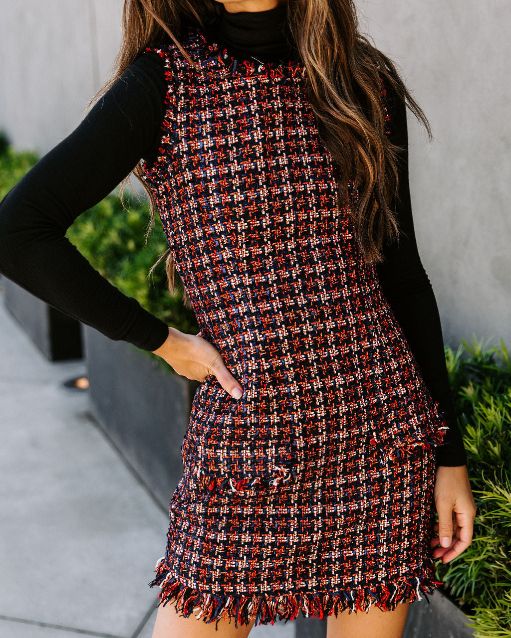 Tweed Pinafore Fringe Hem Mini Dress