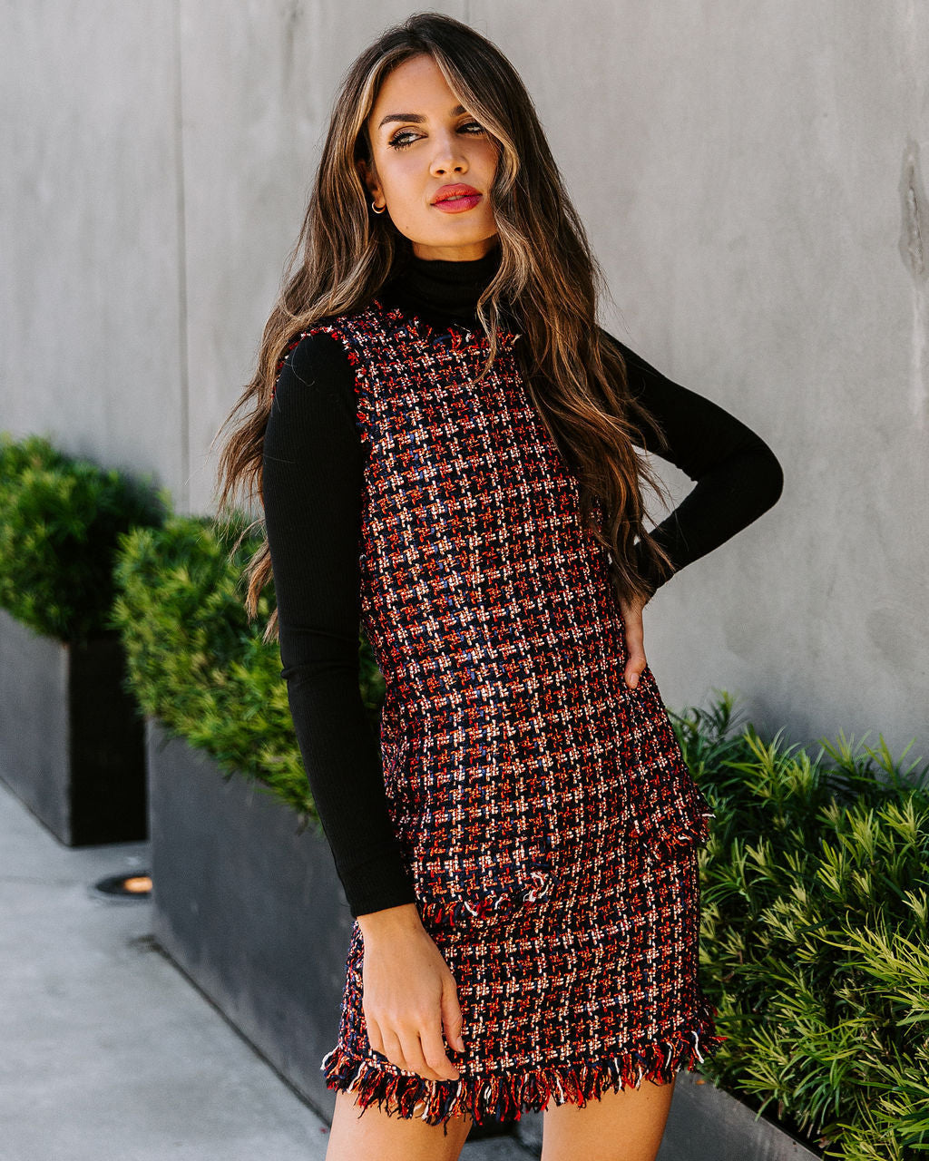 Tweed Pinafore Fringe Hem Mini Dress
