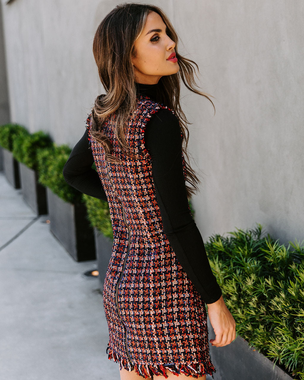 Tweed Pinafore Fringe Hem Mini Dress