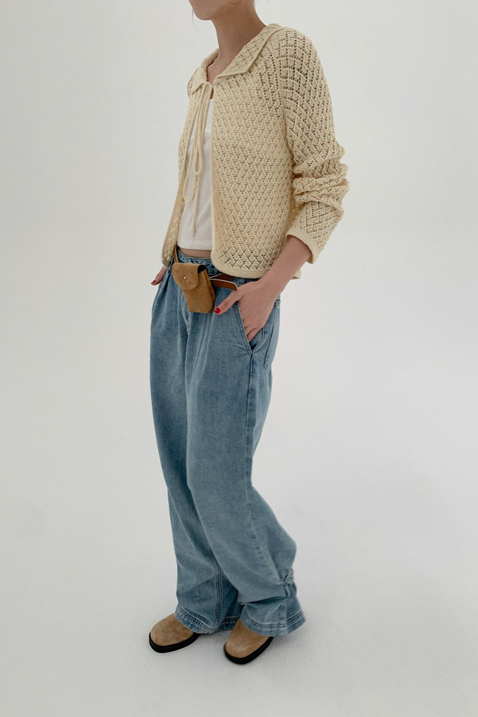 Hollow-Out Long Sleeve Tie-Waist Knit Cardigan for Style