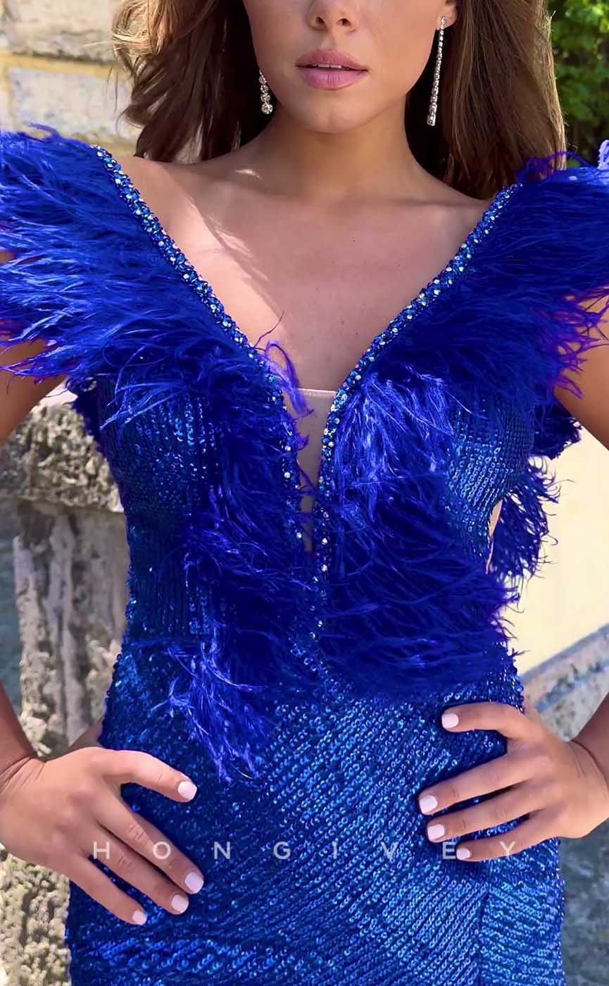 H1877 - Fitted V-Neck Feather Sequins Backless Short Prom/Homecoming Dress - Fashionpara