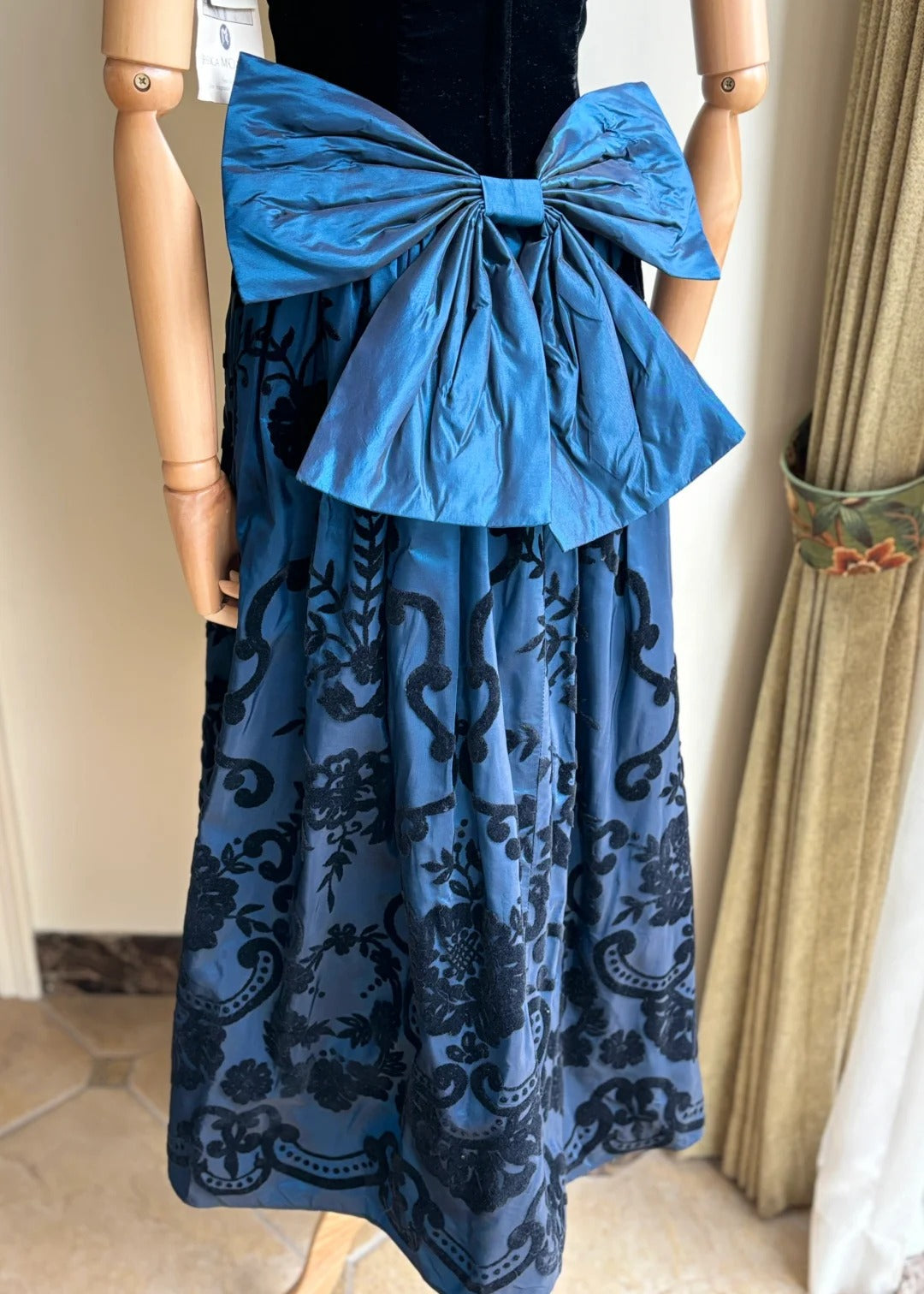 Retro Blue And Black A-line Strapless Bow Jacquard Velvet Long Prom Dress Evening Dress P4189