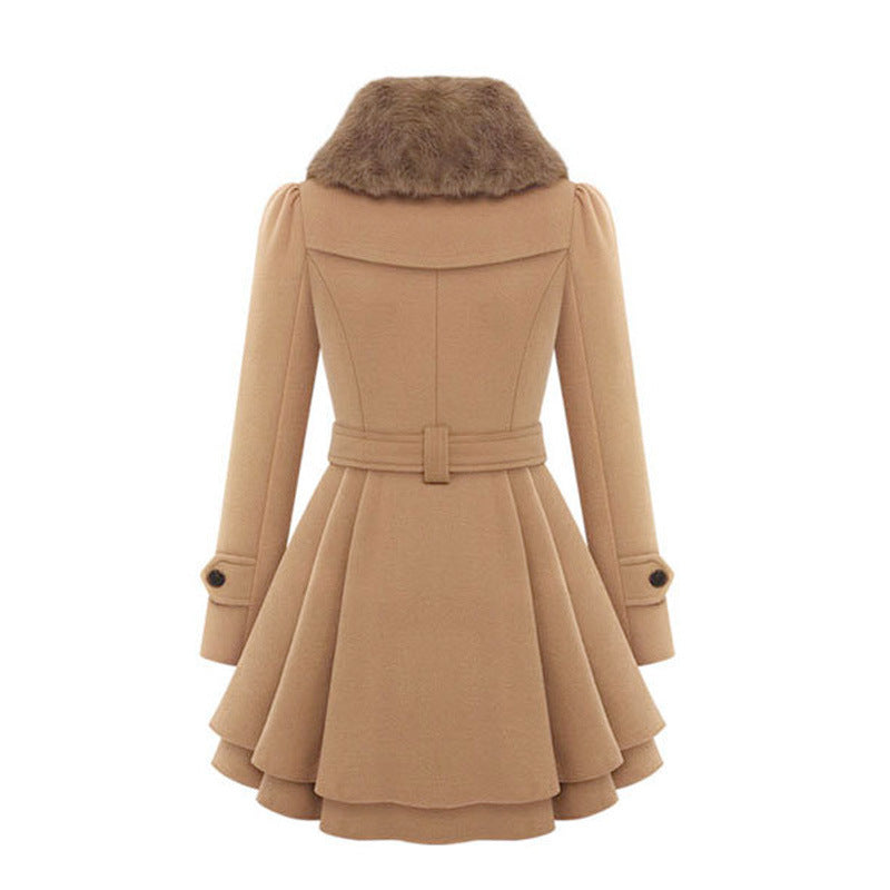 Faux Fur Collar Double Breasted Belted Skirted Coat 3