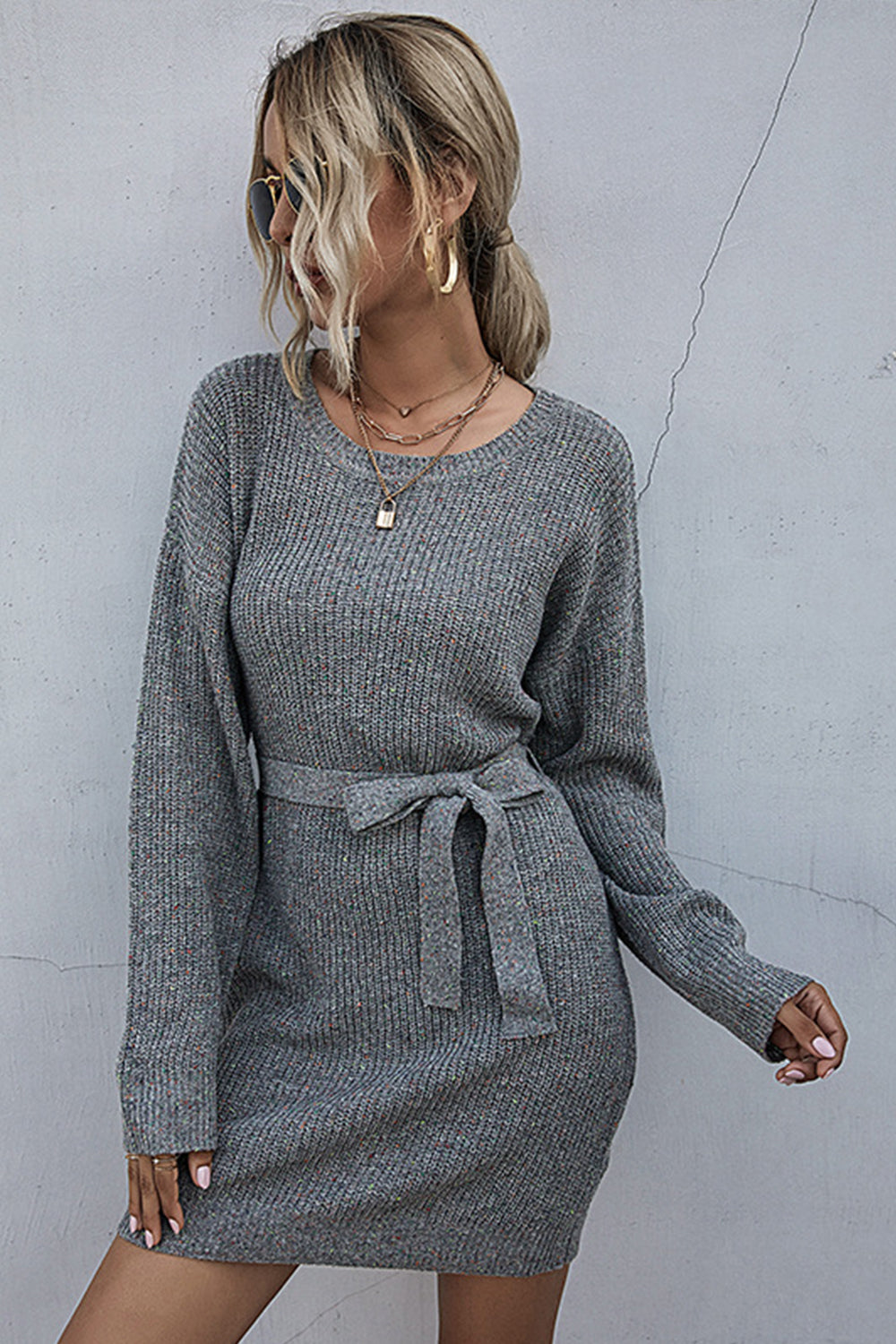 Solid Color Loose Belt Sweater Dress - Fashionpara