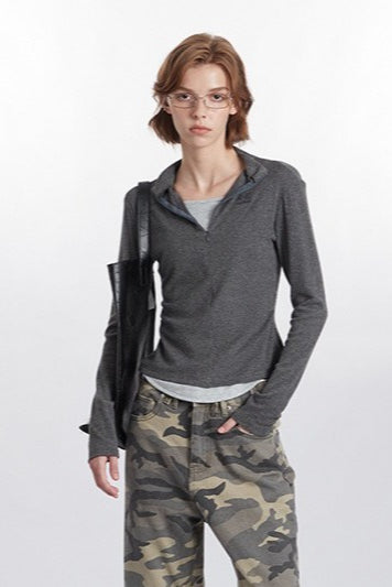 Mock Two-Piece Half-Zip Knit Top