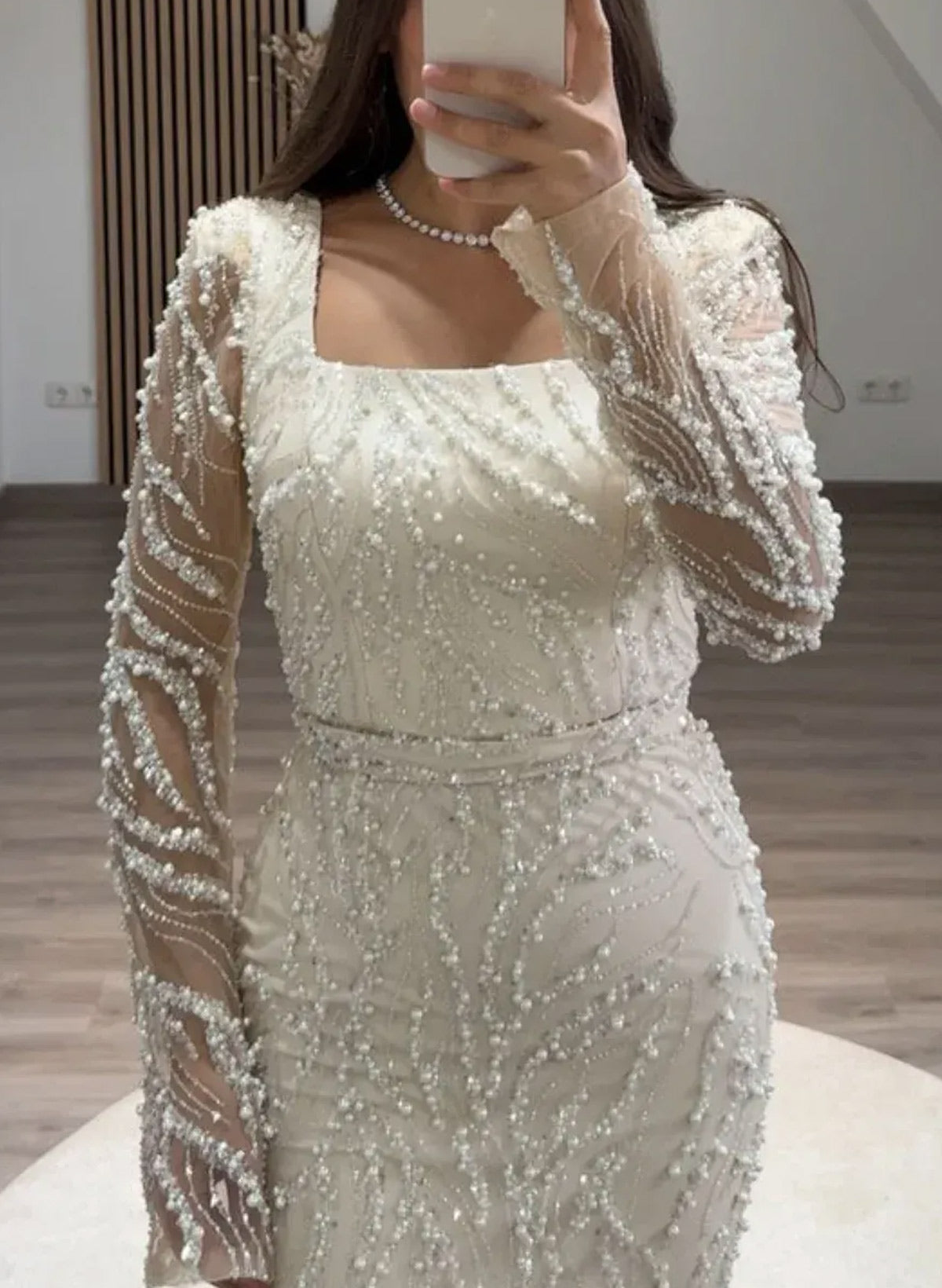 Luxury Square Neckline Long Sleeves Back Slit Floor-Length Evening Dresses