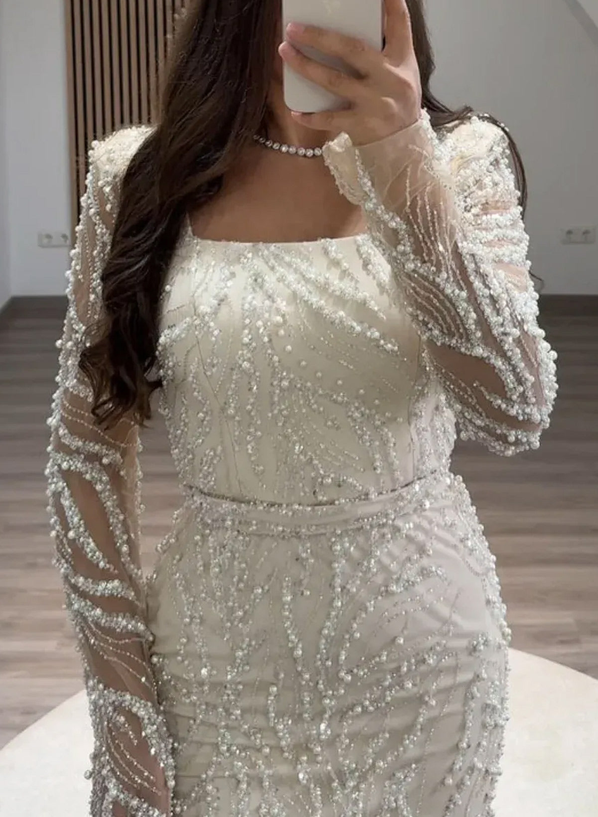 Luxury Square Neckline Long Sleeves Back Slit Floor-Length Evening Dresses