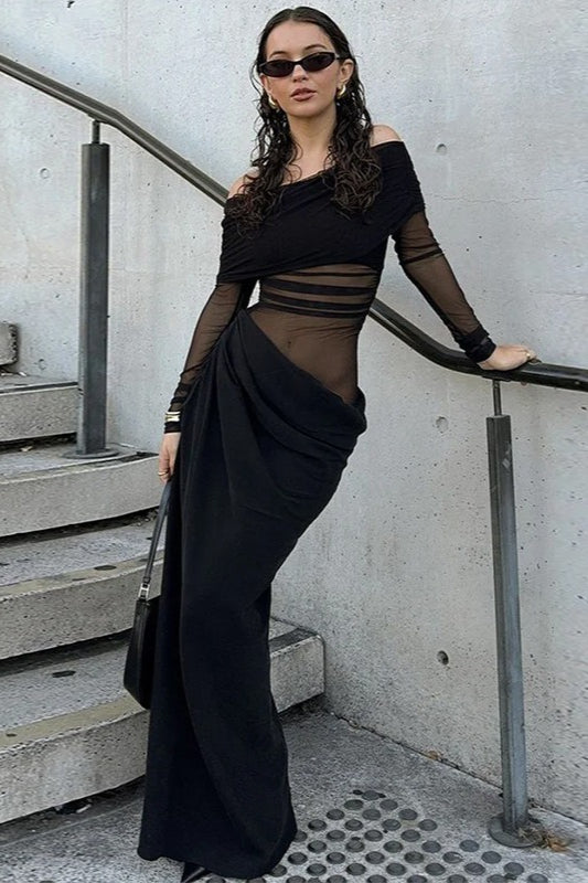Mesh Panel Off Shoulder Long Sleeve Draped Maxi Dress