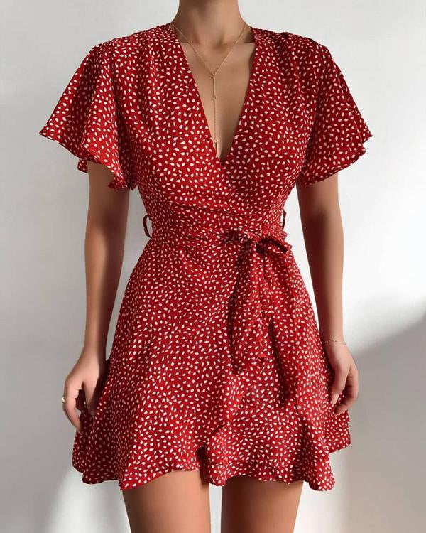 Leopard Print Flutter-Sleeve Wrap Ruffle Mini Dress 9