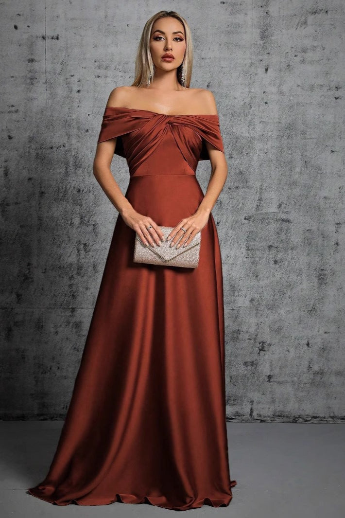 Satin Off Shoulder Twist Front A-Line Maxi Dress - View 3