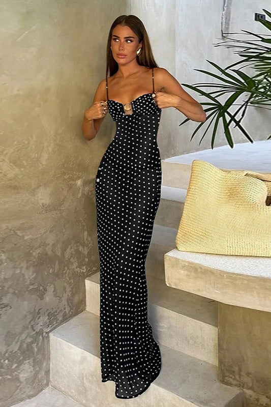 Polka Dot Lace Cami Backless Maxi Dress - Fashionpara