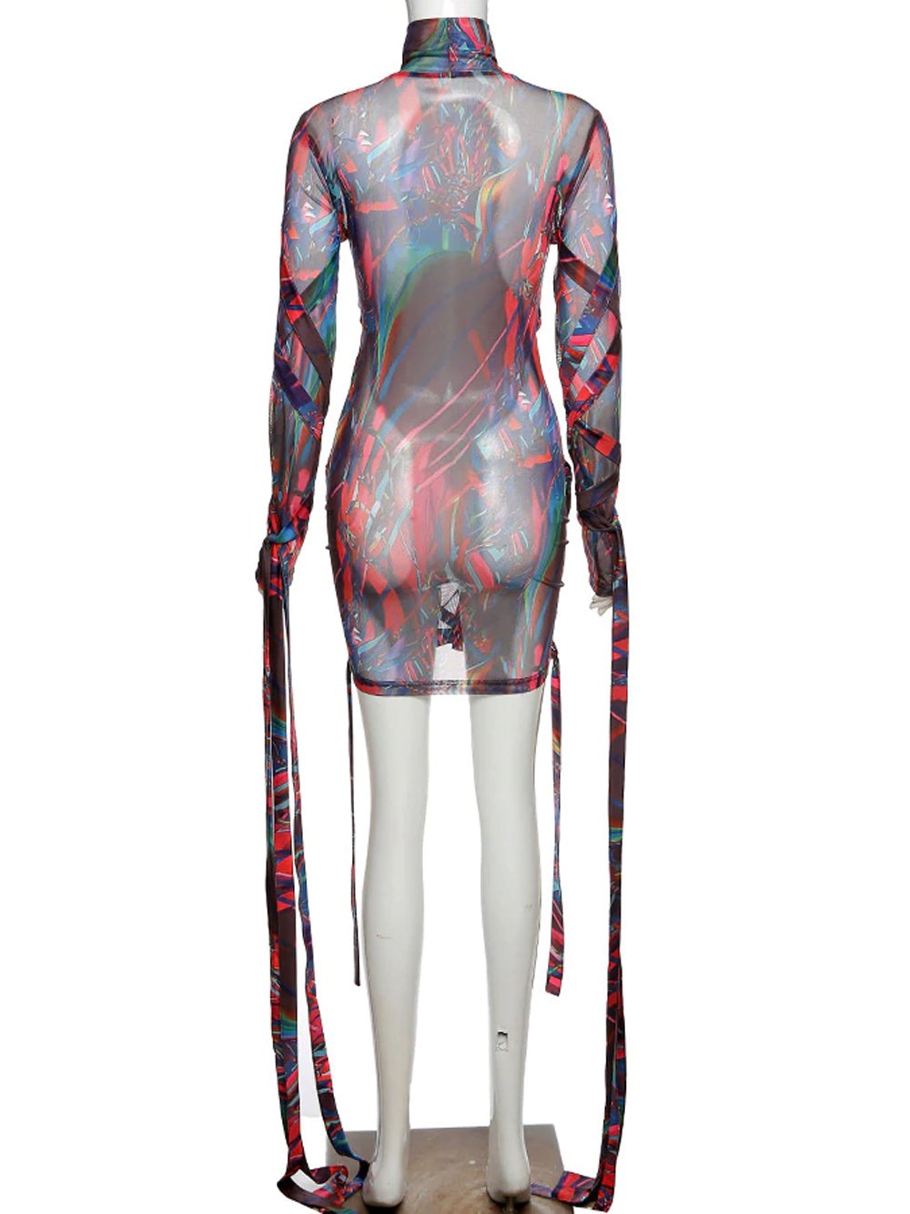 Abstract Print High-Neck Long-Sleeve Mesh Mini Dress 5