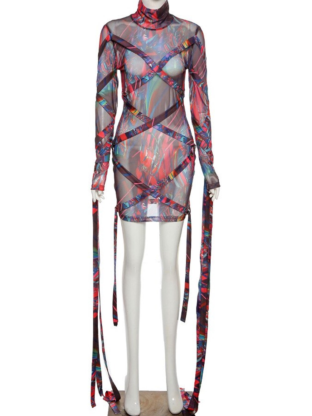 Abstract Print High-Neck Long-Sleeve Mesh Mini Dress 4