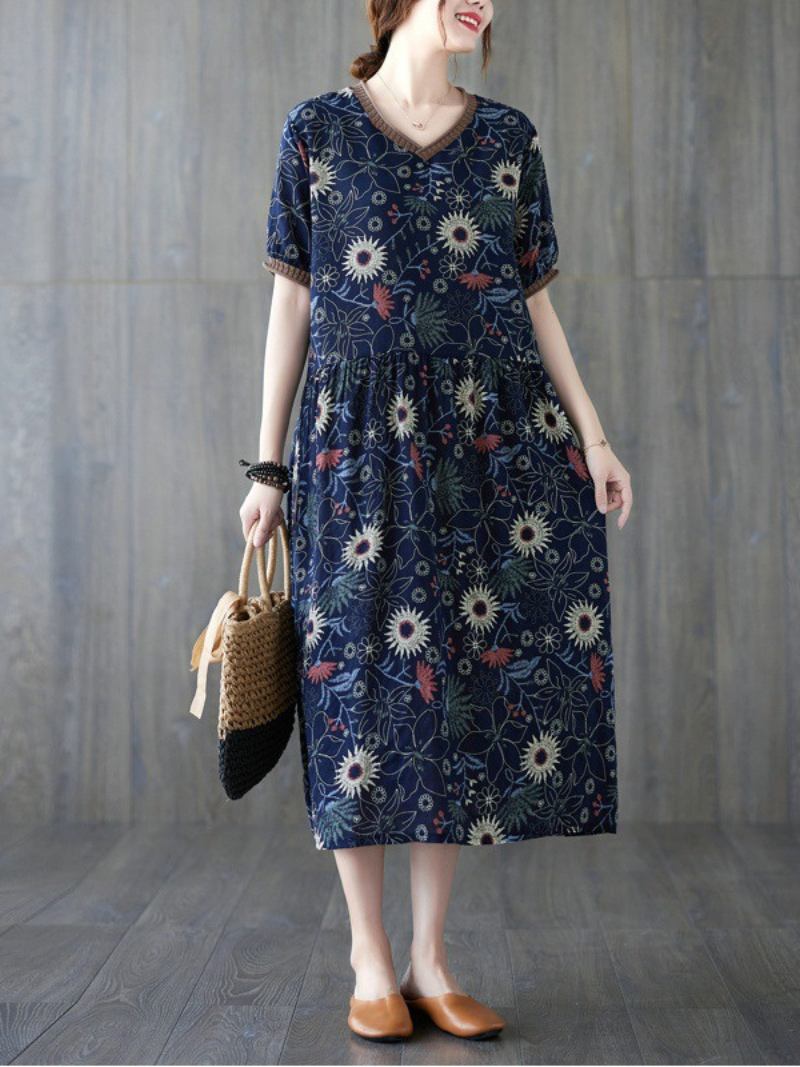 Beautiful summer floral cotton linen Smock slim dress Fit - Fashionpara
