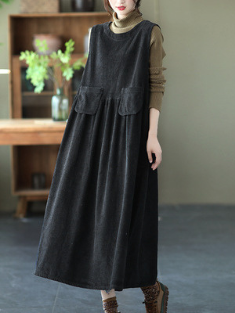Autumn Corduroy Vest Skirt Loose Sleeveless Strap A-Line Dress 2