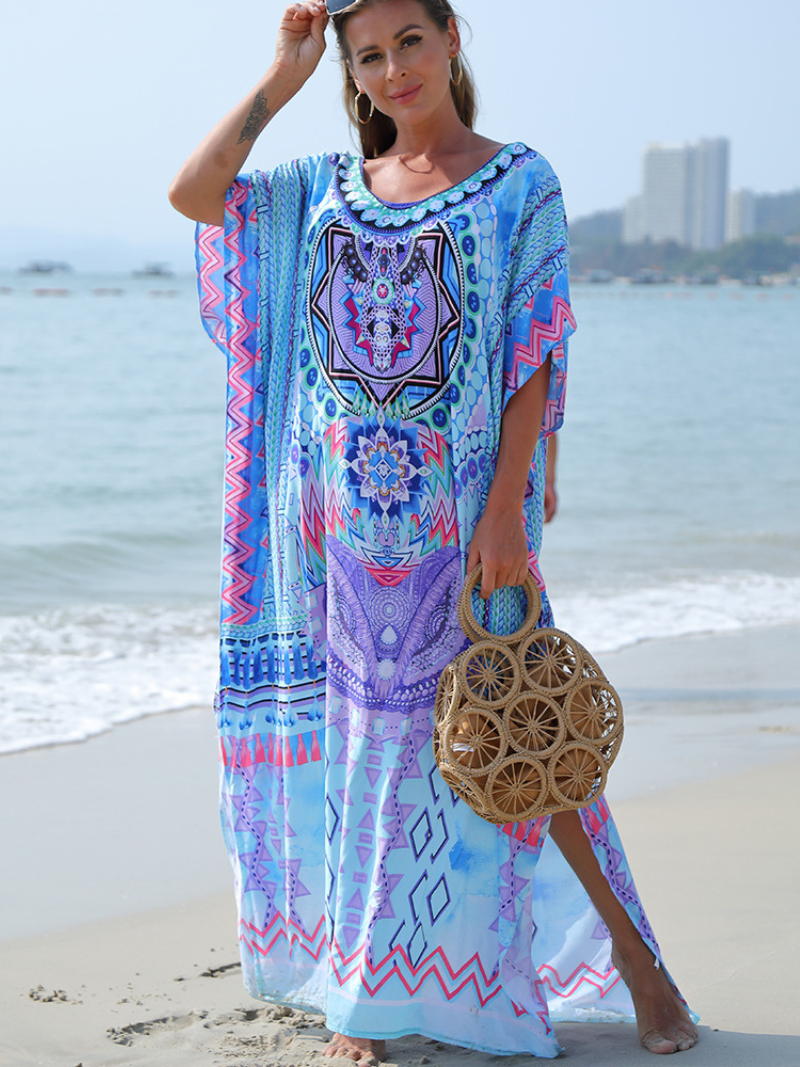 Placement-Print Scoop-Neck Batwing Kaftan Maxi Dress 4