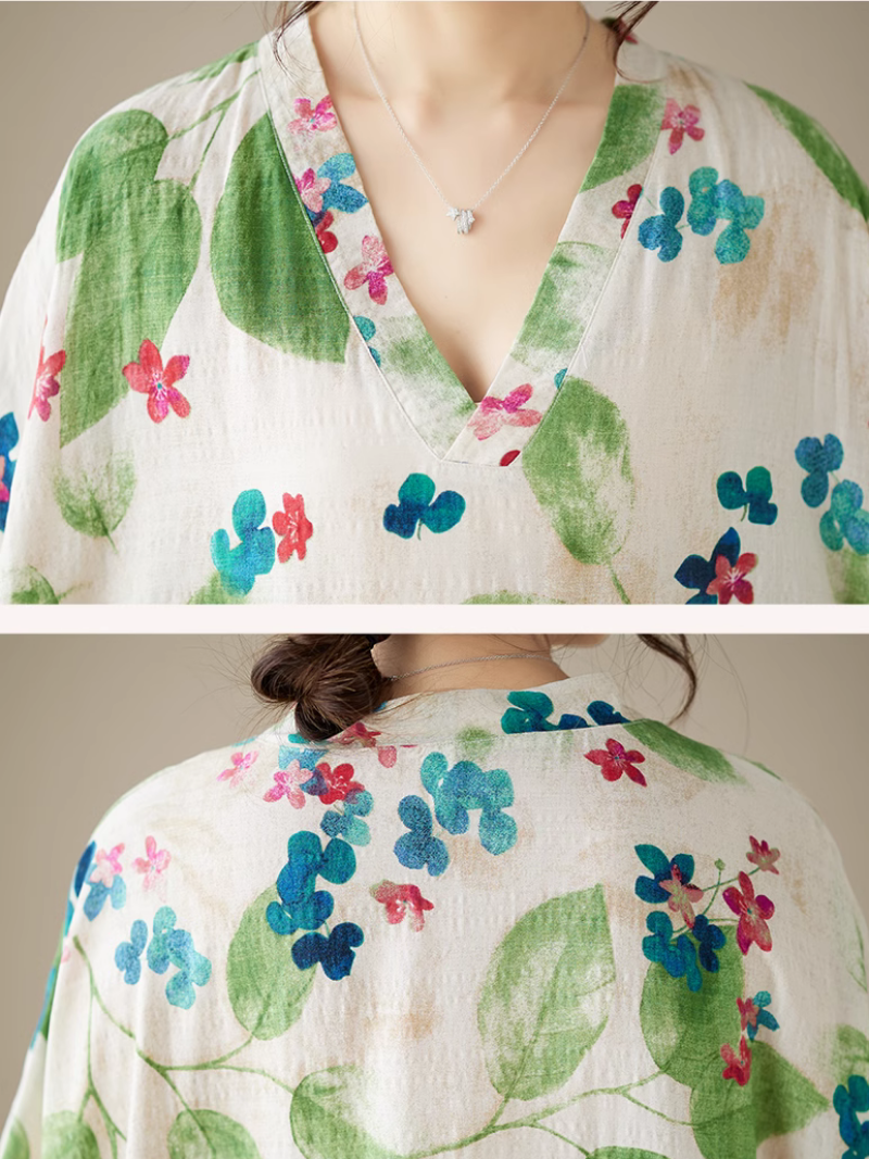 Leaf Print V-Neck Short-Sleeve Kaftan Maxi Dress 6