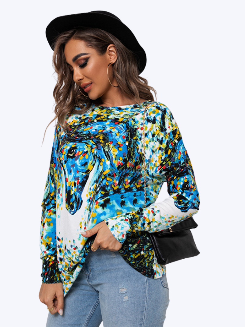 Large Size Loose Printed Pullover Knit Cross-border Round Neck Casual Top Dress - Fashionpara