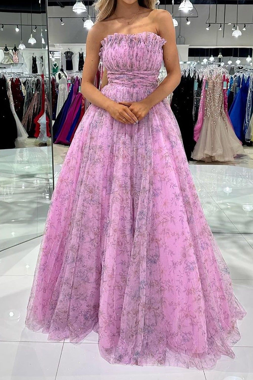 Gorgeous A Line Strapless Pink Floral Printed Long Prom Dress with Ruffles