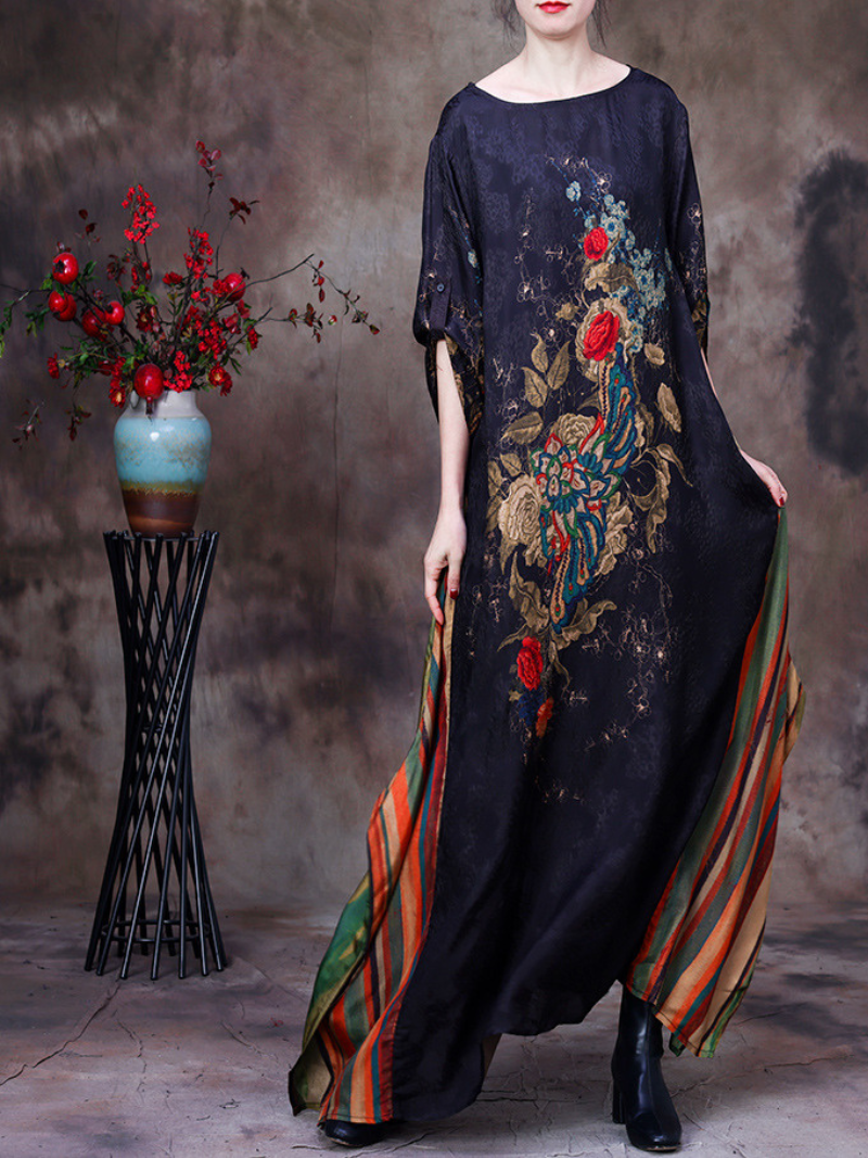 Floral Jacquard Round Neck Batwing Striped-Panel Maxi Dress 4