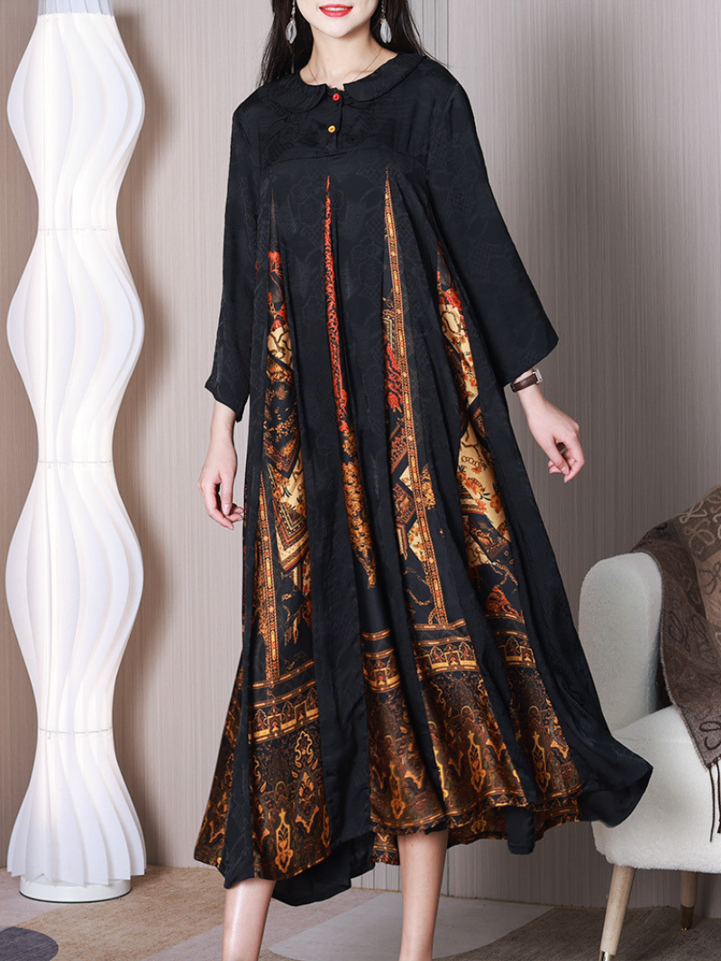 Ornate Print Peter Pan Collar Pleated Loose A-Line Maxi Dress 3