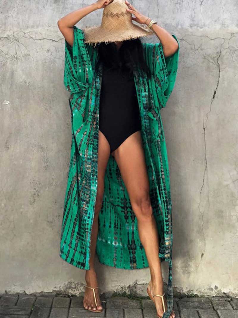 Tie-Dye Print Different Color Rayon Long Length Gown Kimono Duster Robe - Fashionpara