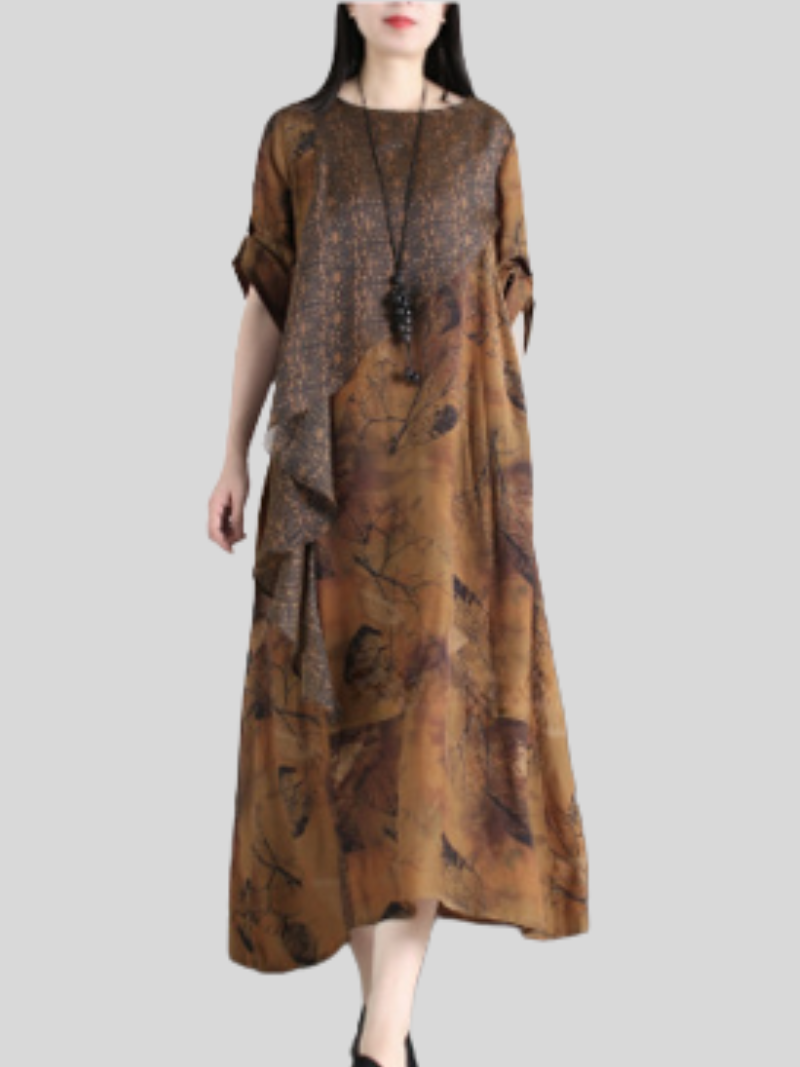 Printed Round-Neck Layered-Look Loose A-Line Maxi Dress 2