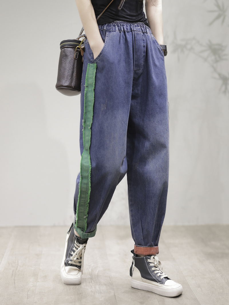 Casual Vintage Loose Fit Patch Denim Bottom Jeans Pants - Fashionpara