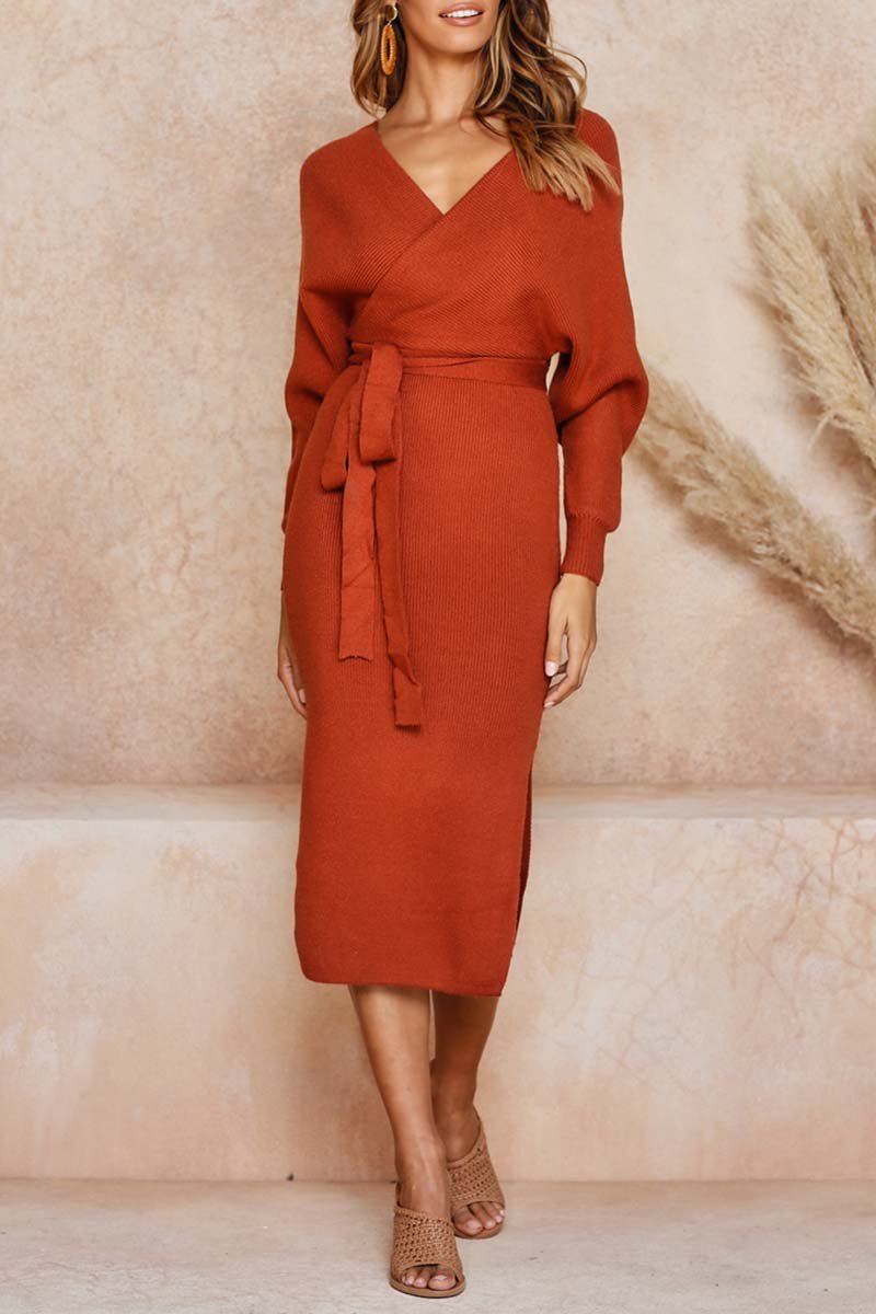 Florcoo Elegant V Neck Backless Sweater Dress in 5 Colors