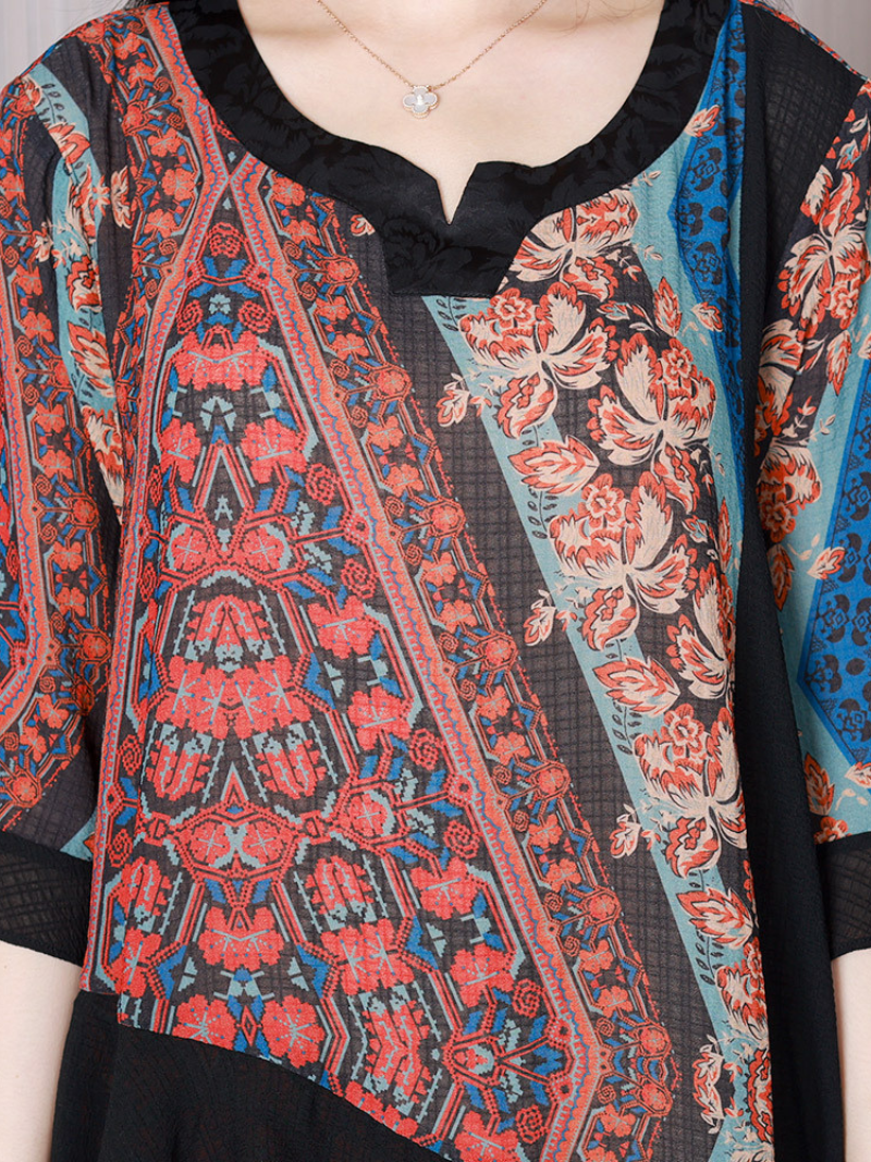 Floral Patchwork Print V-Neck Half Sleeve Asymmetric Midi Dress 4