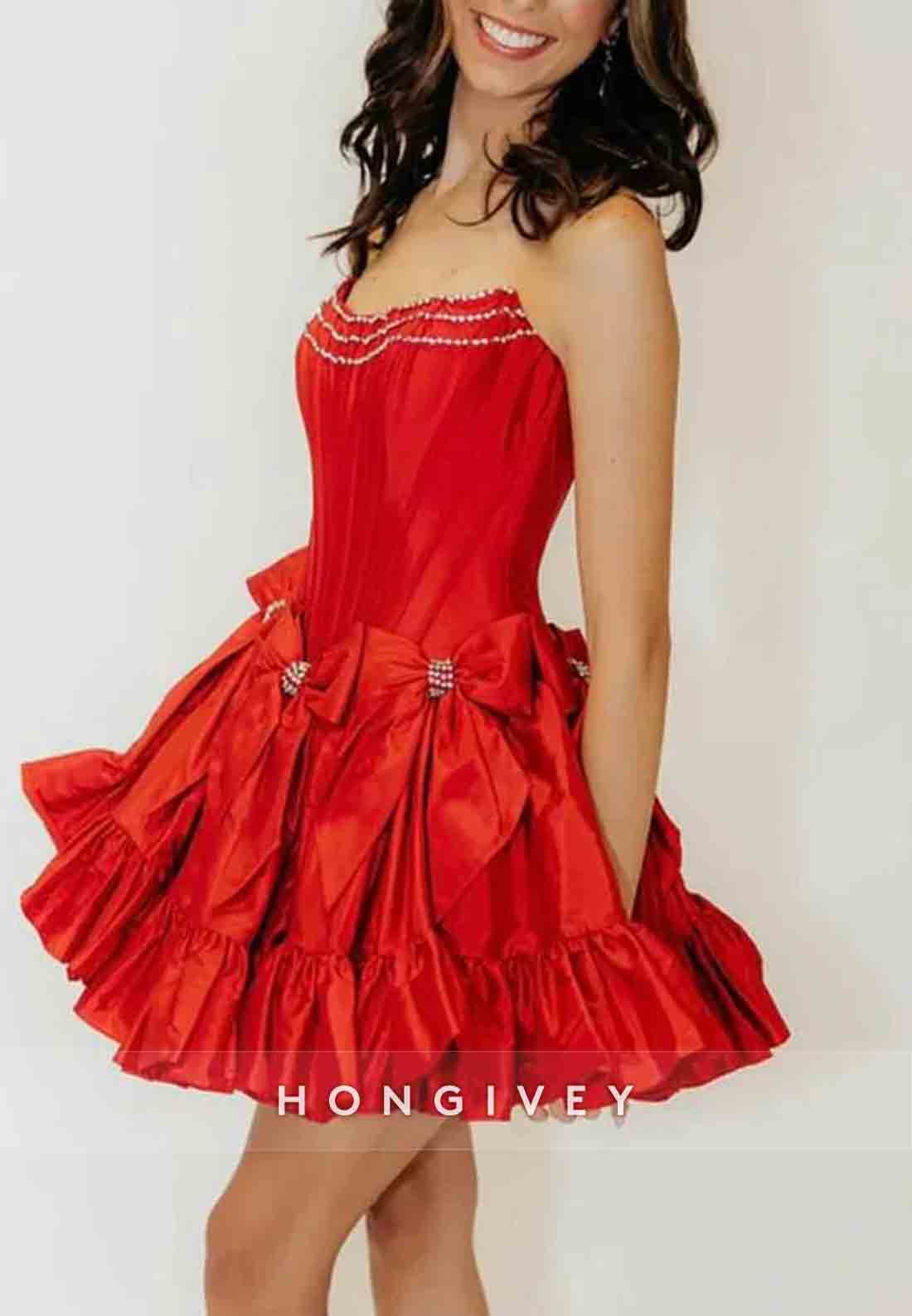 Bowknot Ruched Strapless Satin Pleated Ball Gown Short Homecoming Dresses