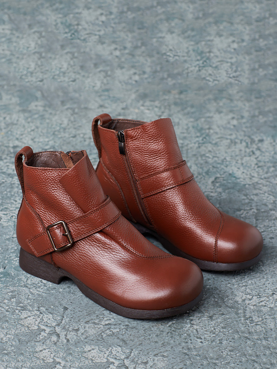 Vintage Autumn Soft Leather Buckle Low Heel Boots