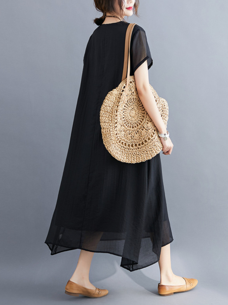Linen V-Neck Short-Sleeve Layered A-Line Midi Dress 5