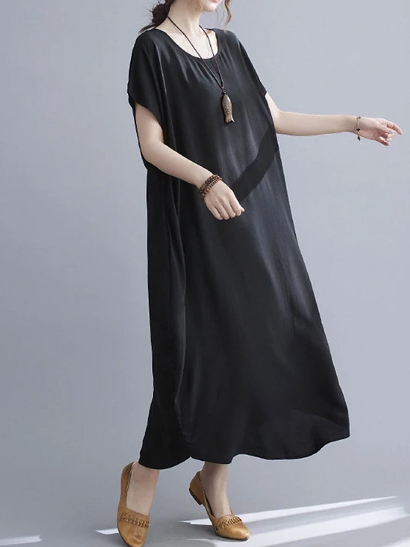 Cotton Round Neck Short Sleeve Cocoon Midi Dress 11