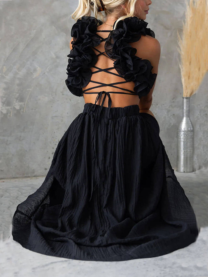 Floral Ruffle Detail Back Lace-Up Elastic Waist Maxi Dress - Fashionpara