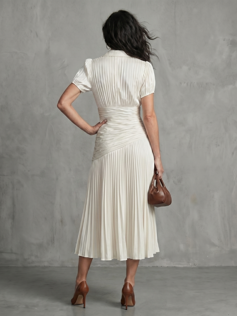 Striped Collared Puff Sleeve Pleated Midi Dress 16