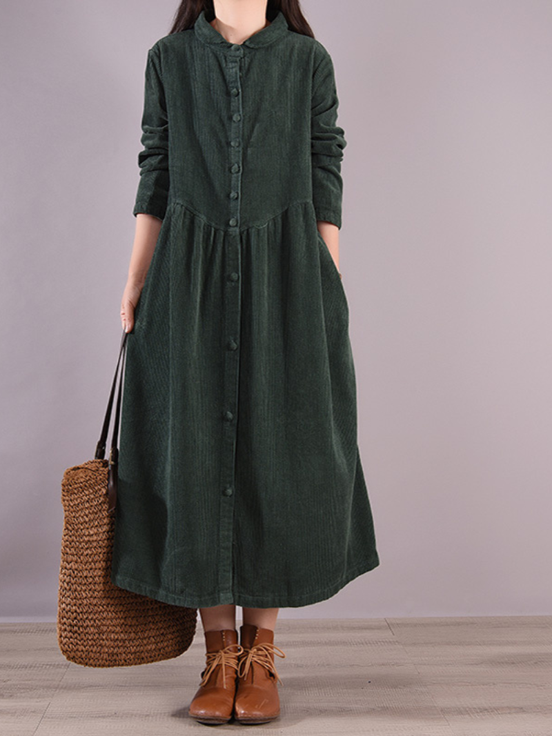 Corduroy Peter Pan Collar Long Sleeve Button Front A-Line Midi Dress - View 2